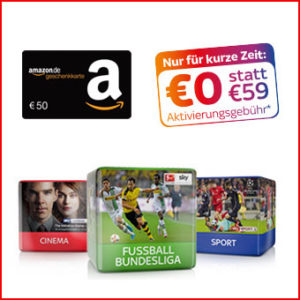 Sky Starter + 2 Premiumpakete für 24,99€ + 50€ Amazon.de-Gutschein* + 0€ Aktivierungsgebühr (statt 59€)