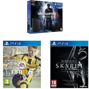 PS4 Slim (500 GB) + Uncharted 4 + FIFA 17 + Skyrim Special Edition für ~263,58€ (£219,99) (statt 344€)