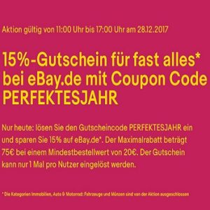 Knaller bei eBay: 15% Rabatt auf fast alles (ausgenommen Auto &amp; Motorrad: Fahrzeuge, Immobilien, Münzen) - nur bis 17 Uhr