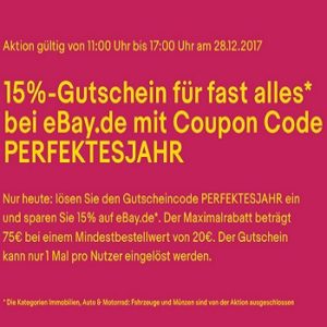 Knaller bei eBay: 15% Rabatt auf fast alles (ausgenommen Auto & Motorrad: Fahrzeuge, Immobilien, Münzen) - nur bis 17 Uhr