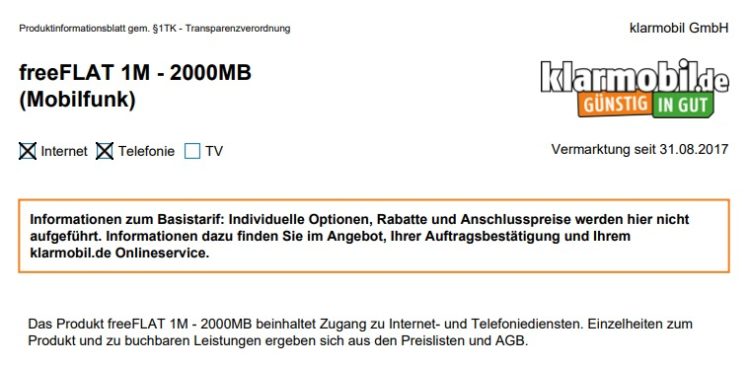 Klarmobil Produktinformationsblatt