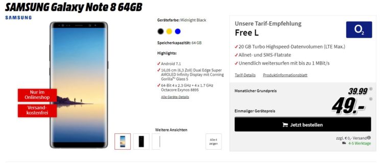 O2 Free L Mit 20gb Lte Für Mtl 3999 Galaxy Note 8 Galaxy S8