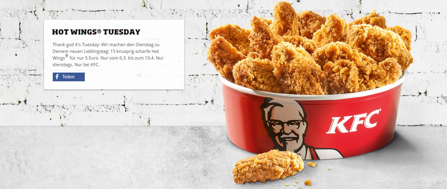 KFC Angebot 15 Hot Wings für 5€ + 2x Pommes/1x Pommes+Softdrink/2