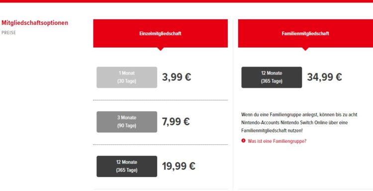 Nintendo Switch Online Preise