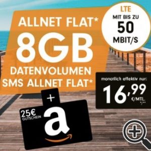 otelo: Alles-Flat + 8GB/12GB LTE für 15,95€/Monat dank Auszahlung + 25€ Amazon-Gutschein (oder für 11,95€ ohne LTE)