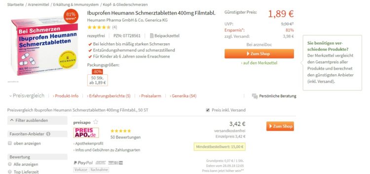 Ibuprofen Produktseite Medizinfuchs