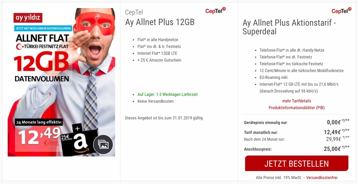 Ay Yildiz Allnet Flat Buchen Prepaid 📲 Ay Yildiz Ay Allnet Plus & Max: Allnet-Flat + 12GB oder 16GB LTE
