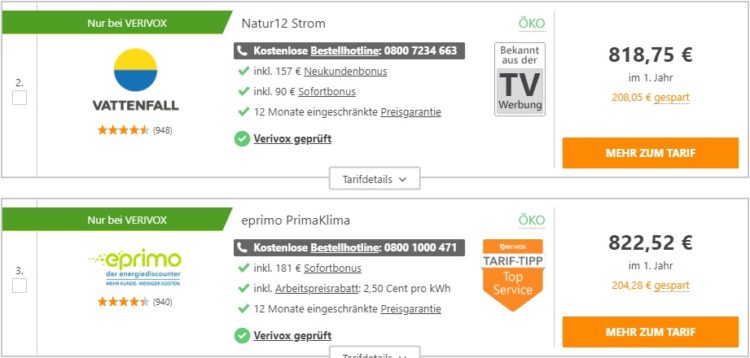 Stromvergleich eprimo Vattenfall