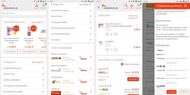 medizinfuchs App Startseite Kategorien Apotheken Merkzettel