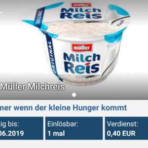 [Reebate/Edeka/Rewe] Freebie - Müller Milchreis mit bis zu 0,05€ Gewinn - 0,40€ Cashback von Reebate