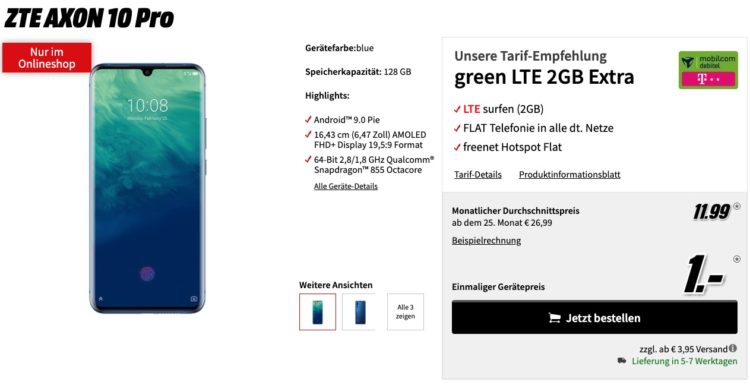 149 Ersparnis Telekom Tarif Eff Kostenlos Zte Axon 10 Pro