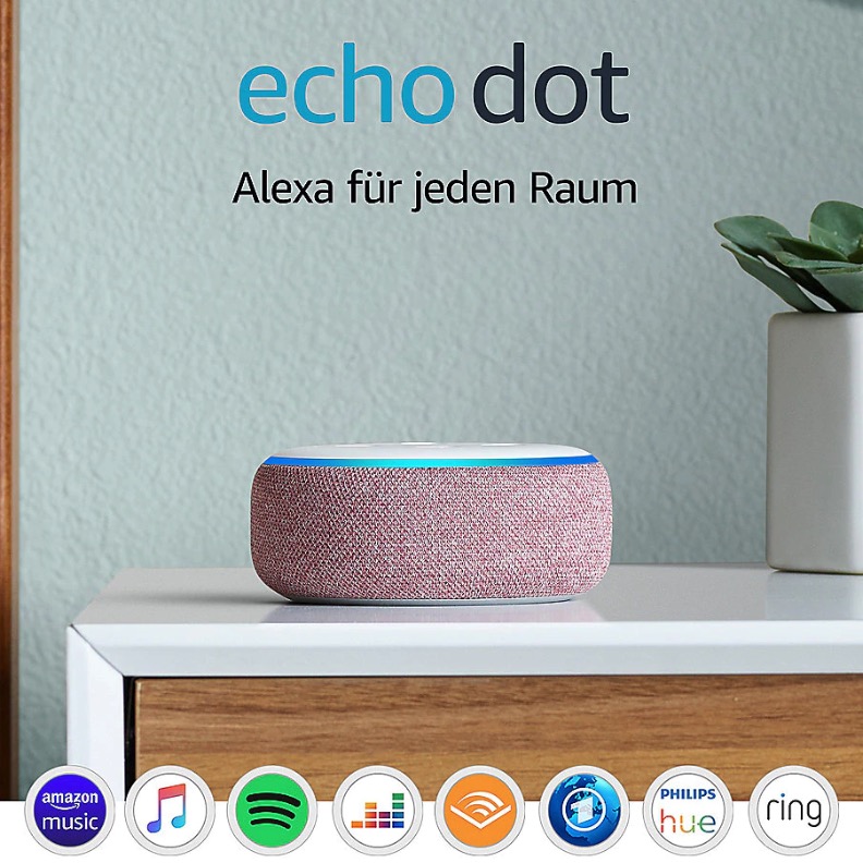 Amazon Echo Dot 3. Generation im Bundle zum starken Preis Echo Dot (3. Gen.), Lila Stoff + Philips Hue White LED Lampe