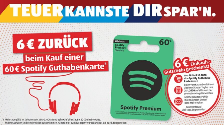 6 Zuruck Fur 60 Spotify Guthaben Karte Vom 28 09 03 10 20 Bei Aldi Sud
