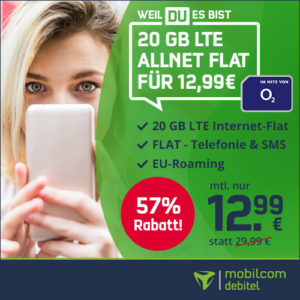 *nur bis 18 Uhr* ⭐️ 20GB LTE Allnet für 12,99€/Monat + 0,00€ AG (md o2 Free M mit LTE Max - 225 Mbit/s)