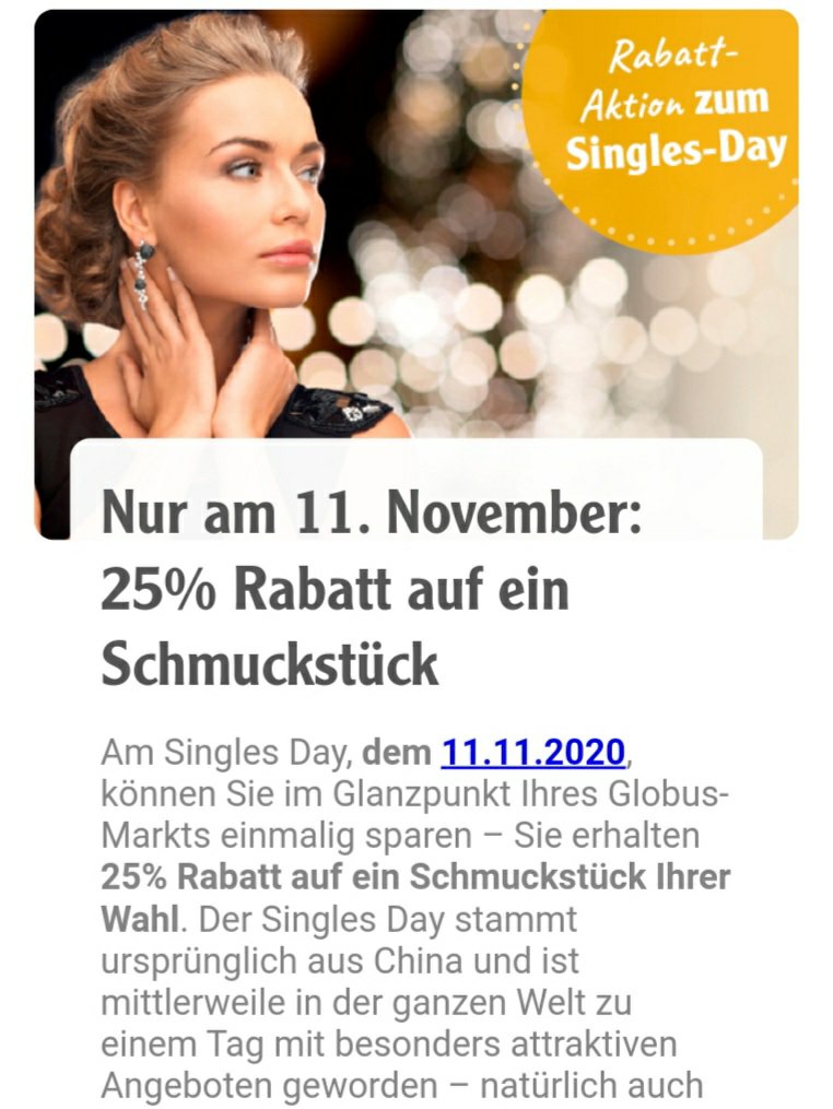 Globus Single Day Am 11 11 25 Rabatt Auf Ein Schmuckstuck Im Glanzpunkt Zusatzlich Vom 9 11 Bis 11 11 Einmalig 25 Rabatt Auf Nonfood Durch Prospekt Gutschein