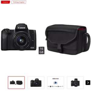Canon EOS M50 Kit mit Objektiv 15-45 mm und Tasche für 444 € (statt 565 €)