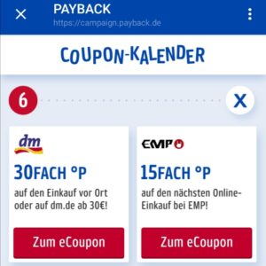 Payback Coupon-Kalender: 30fach bei DM punkten, MBW 30 Euro - auch online