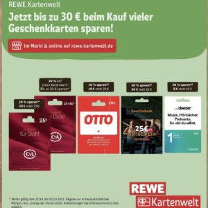 REWE: Bis zu 20% auf Geschenkkarten (C&A, Deezer)