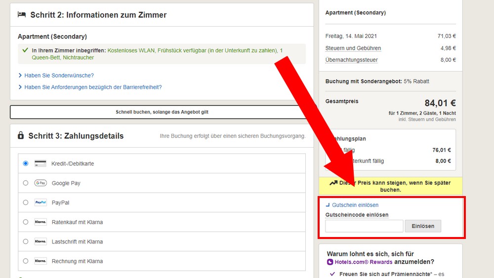 Rabattcode bei Hotels.com einlösen