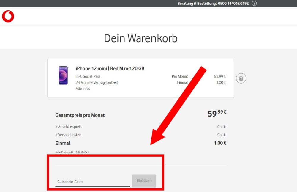 Vodafone Warenkorb: Gutschein einlösen