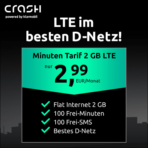Thumbnail 💥 Telekom-Netz: 2GB LTE + 100 Min. + 100 SMS für 2,99€/Monat + 9,99€ AG (crash/Klarmobil)