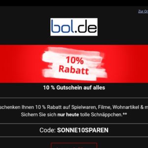 Bol.de: 15% Rabatt auf alles - nur heute