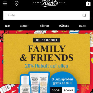 Kiehl&#039;s 20% auf Alles & 3 Luxusproben gratis ab 89€