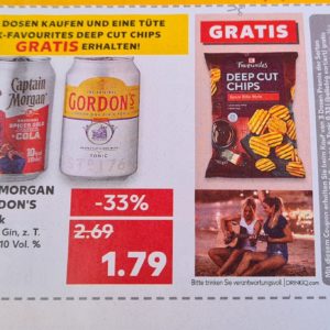 Kaufe 3 Dosen Captain Morgen &#043; Cola oder Cordon&#039;s &#043; Tonic und erhalte gratis eine Tüte K-Favourites Deep Cut Chips