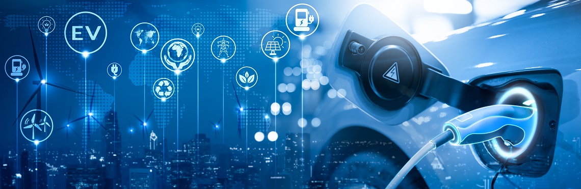 Energy EV car concept. Futuristic hybrid vehicle charge battery electric on station blur cityscape on panoramic banner blue background with icon illustration environment friendly. green eco technology