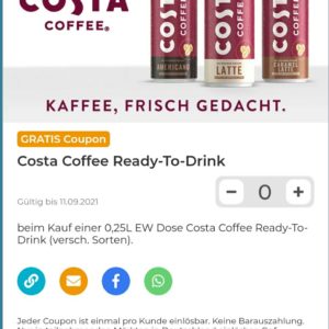 GRATIS 20x Dosen Costa Coffee Ready to Drink dank 100% Rabatt