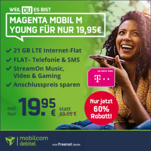 *Bis 20 Uhr!* ⚡️ Telekom-Netz: 21GB LTE Allnet-Flat für 19,95€ inkl. StreamOn+ 0,00€ AG - Magenta Mobil M Young