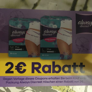 2€ Rabatt auf always discreet Höschen