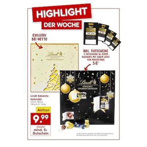 *Netto-Lindt-Adventskalender* (mit mindestens *2 x 2,50€ Gutscheinen*) für 9,99€ &#034;Brutto&#034; bzw. 4,99€ &#034;Netto&#034; (inkl. 5€ Gutscheinen)