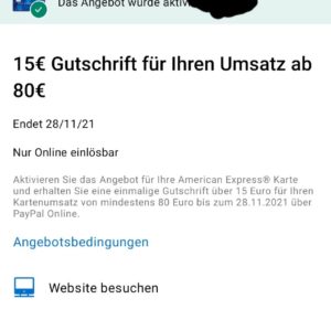 American Express, 15€ Gutschrift für 80€ Umsatz über Paypal - personalisiert