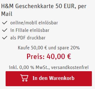 50€ H&M Geschenkkarte fuer 40€