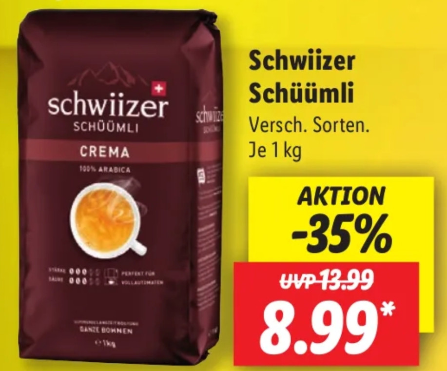 ☕ 1kg Kaffee Schwiizer Schüümli (versch. Sorten) für je 8,99€ *offline