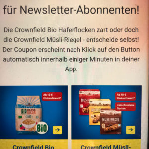 Gratis Crownfield Bio Haferflocken oder Crownfield Müsli-Riegel ab 10€ Einkauf *Lidl Plus App*