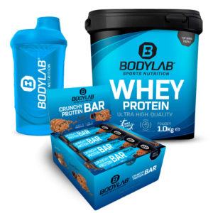 ⏰ endet 💪 Kennenlern-Angebot: 1kg Whey Protein + Shaker + 24 Crunchy Protein Bars für 29,90€