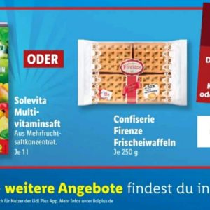 Gratis Solevita Multivitaminsaft oder Confiserie Frischeiwaffeln ab 10€ EKW mit Lidl Plus