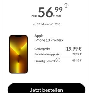 iPhone 13 Pro Max (256 GB) für 49,98€ + 3 GB LTE Allnet-Flat für 56,99€ mtl. (ab 13. Monat 61,99€)