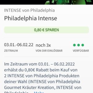 €0,80 Cashback auf 2 Packungen Philadelphia Intense (Coupies, 3x)