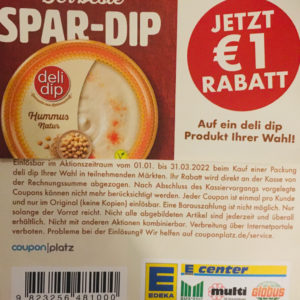 1€ Rabatt auf deli dip Hummus bei Edeka, Globus, Multi, Marktkauf