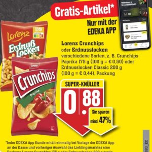 GRATIS "Lorenz Crunchips oder Erdnusslocken" bei Edeka-Südwest mit Edeka-App vom 28.02.-05.03.22 ab 5€ Einkauf