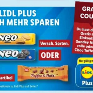 Gratis Sondey Neo Keksrolle oder Mister Choc Toffee & Nuts ab 10€ EKW mit Lidl Plus