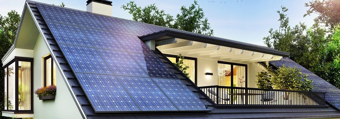 Solar panels on the gable roof of a beautiful modern home