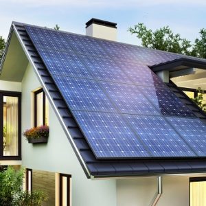 Solar panels on the gable roof of a beautiful modern home
