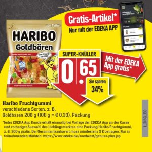 GRATIS &#034;Haribo Fruchtgummi verschiedene Sorten, z. B. Goldbären 200 g&#034; bei Edeka-Südwest mit Edeka-App vom 04.-09.04.22 ab 5€ Einkauf