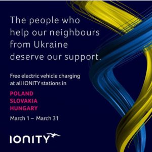 GRATIS eAuto-Laden mit IONITY und an Tesla Supercharger im März 2022 zum Abholen ukrainischer Flüchtlinge in Polen, Ungarn und der Slowakei