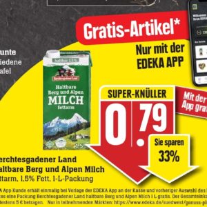 GRATIS "Berchtesgadener Land haltbare Berg und Alpen Milch  fettarm, 1,5% Fett, 1-L-Packung" bei Edeka-Südwest mit Edeka-App vom 07.-12.03.22 ab 5€ Einkauf