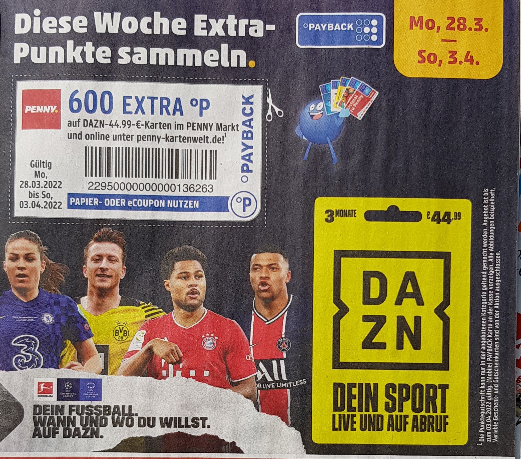 3 Monate DAZN* für effektiv 38,99€ (*13€/Monat*) mit Payback bei *Penny &  Rewe* (44,99€-6,00€ Payback = 38,99€)